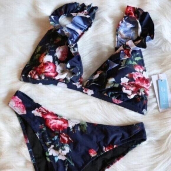 NEW Blue White Floral Print Bikini Set Size Large Bathing Suit Swim - Picture 4 of 7